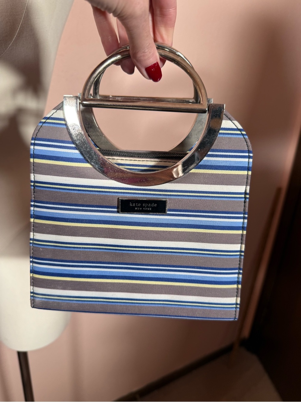 Vintage Kate Spade grey blue striped silver top Handle Mini bag Y2K 1990’s